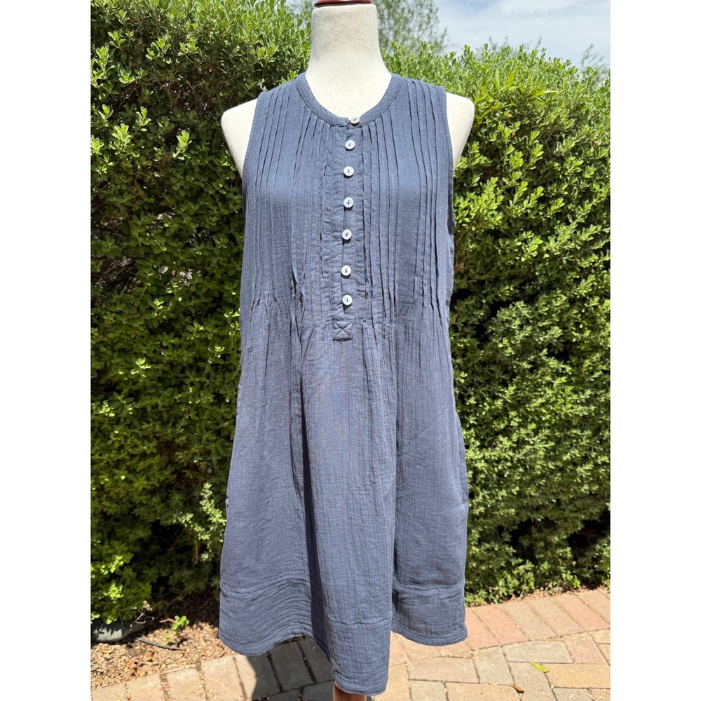 Quince Organic Gauze Pintuck Sleeveless Dress Navy Blue Double Gauze Pockets XS